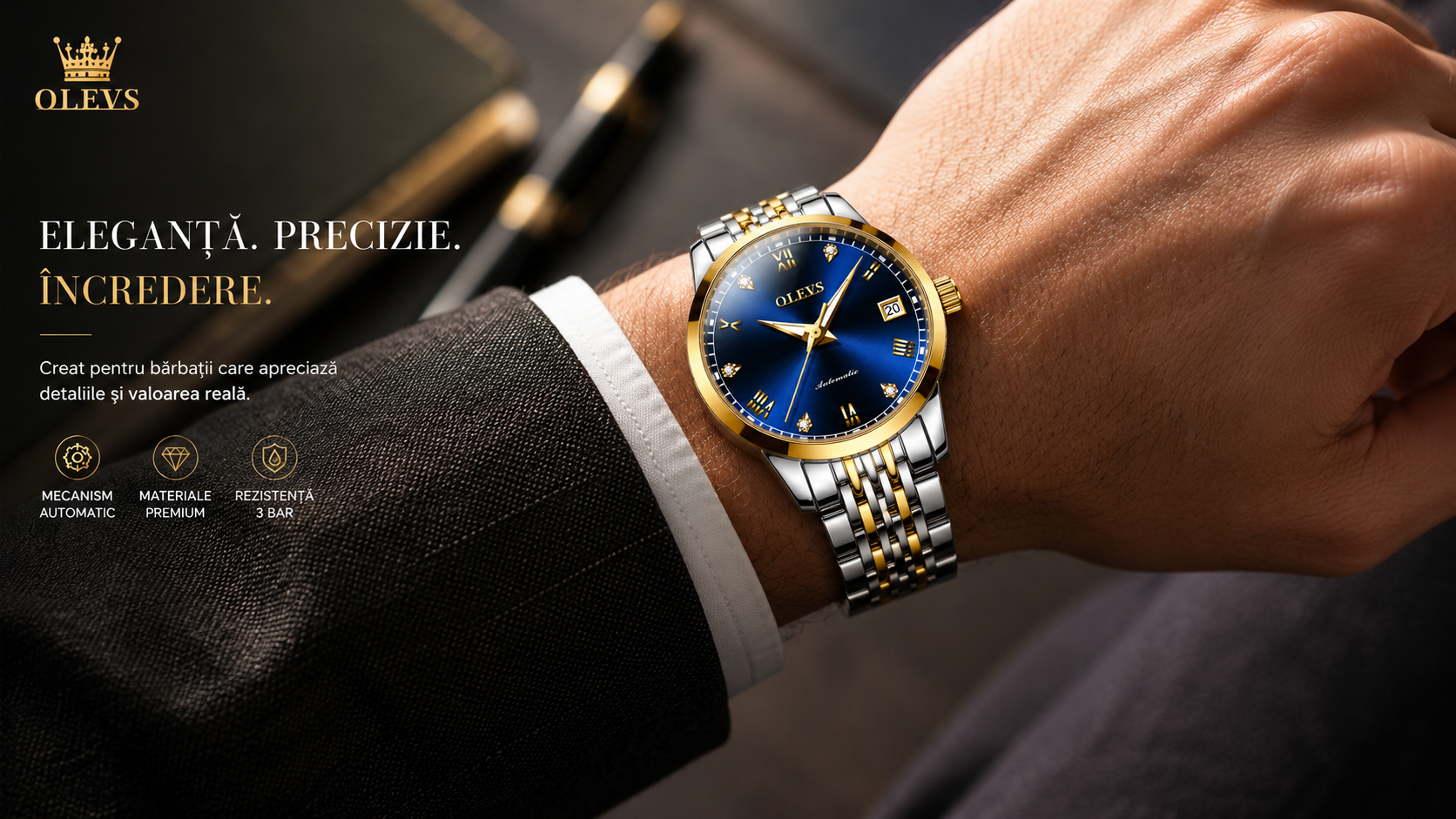Ceas OLEVS 6602 Golden Blue purtat la ținută elegantă business