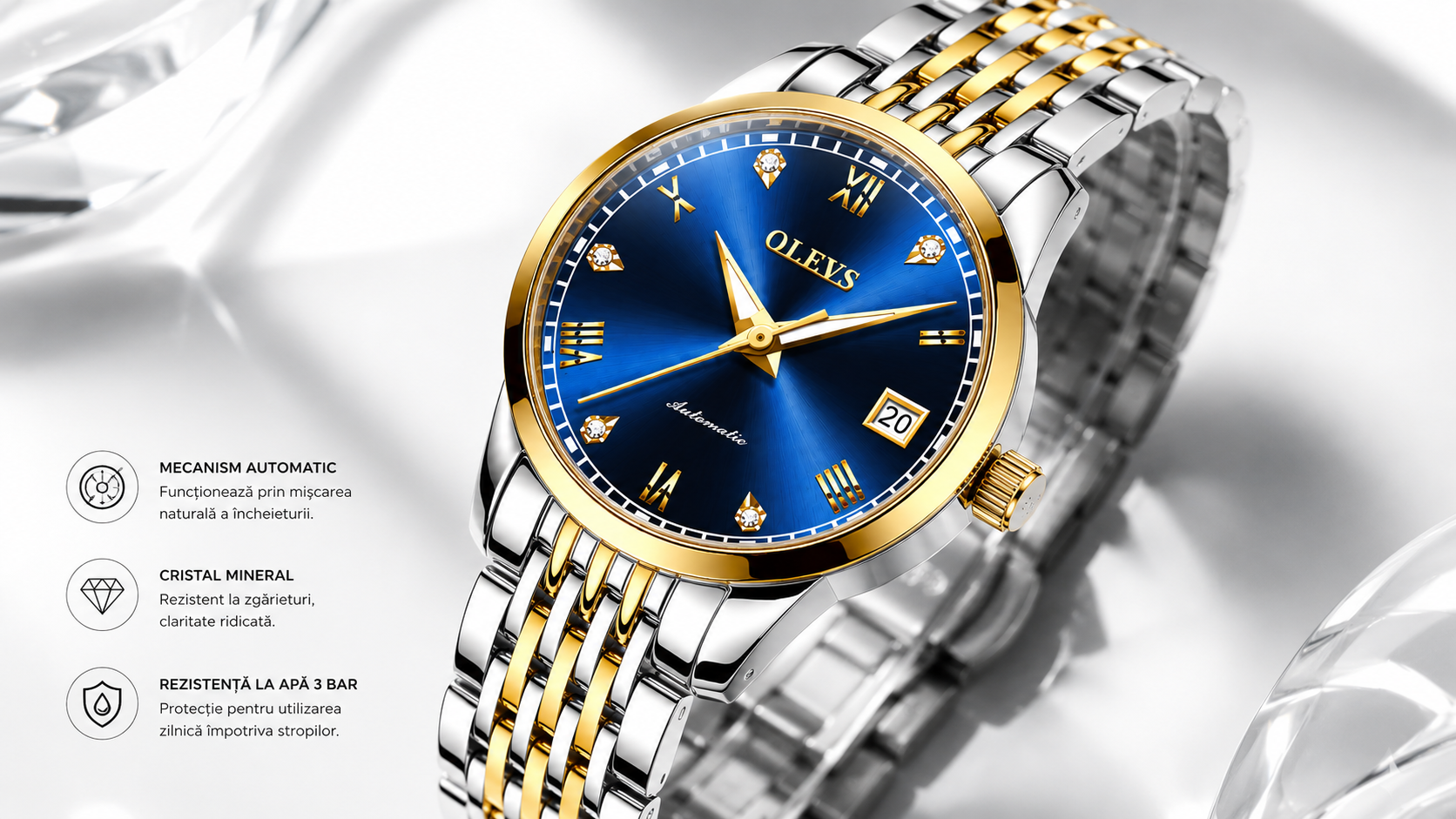 Detalii premium ceas OLEVS 6602 Golden Blue cu cadran albastru și brățară silver-gold