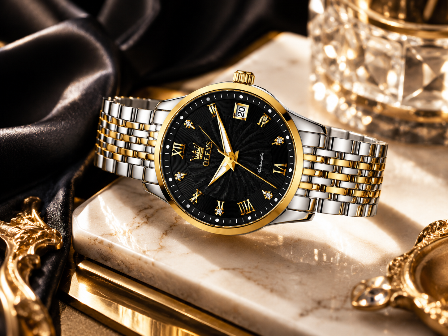 Prezentare luxury ceas OLEVS 6630 Gold White cu brățară metalică silver-gold