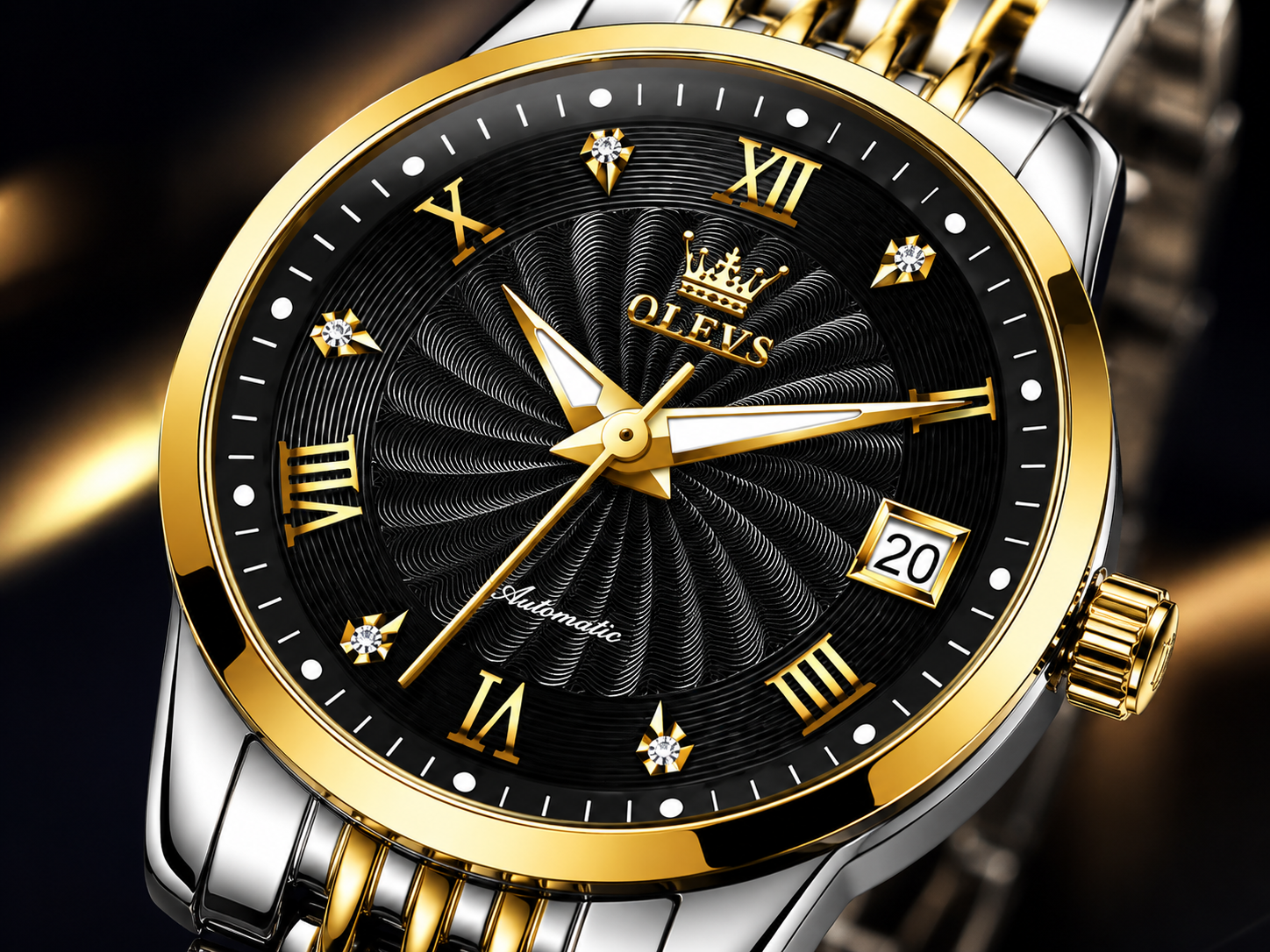 Detalii cadran texturat ceas OLEVS 6630 Gold White automatic