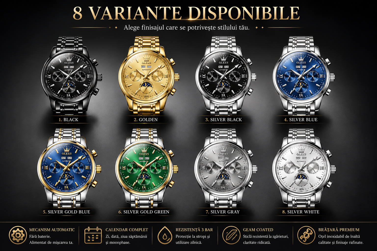 Cele 8 variante disponibile pentru OLEVS 6633 Automatic Moonphase