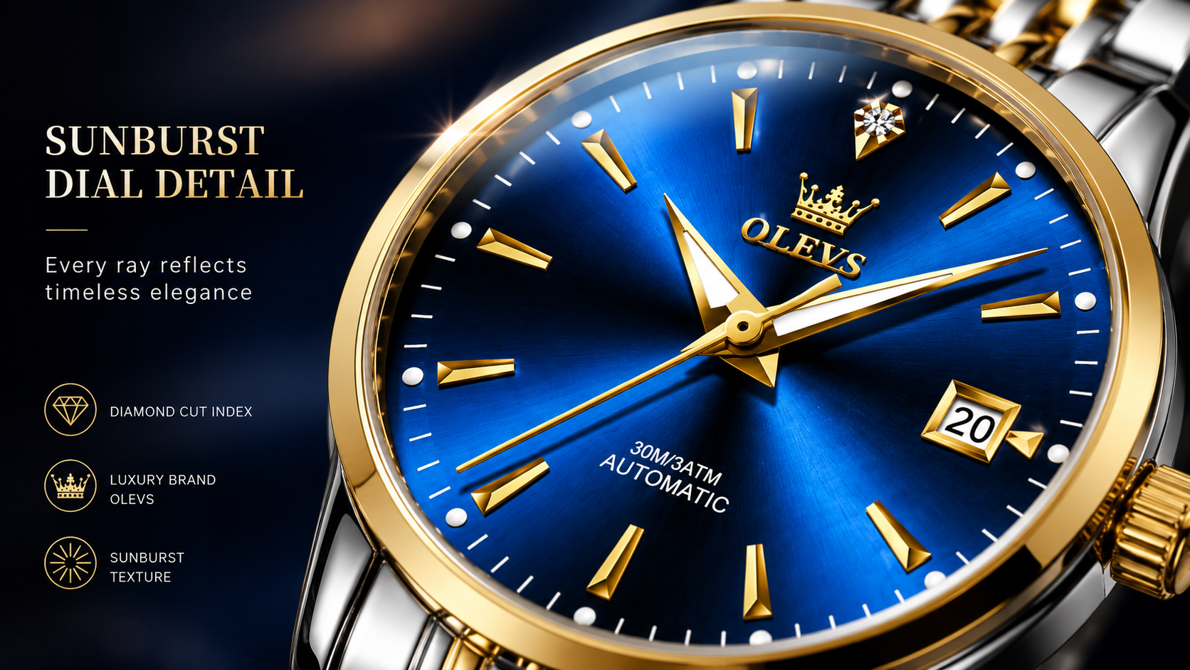 Detalii cadran albastru sunburst ceas OLEVS 6635 Gold Blue automatic