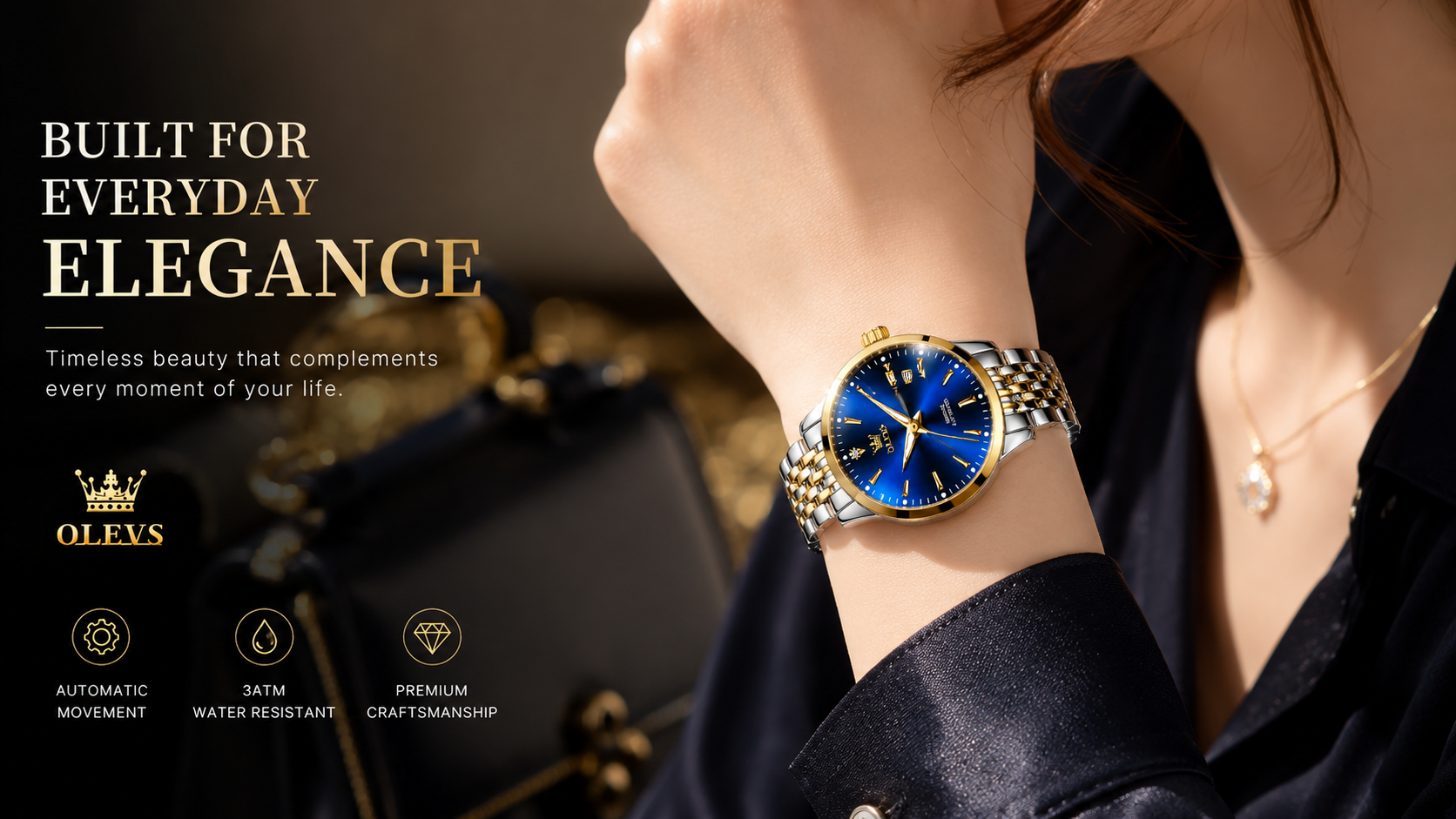Ceas de damă OLEVS 6635 Gold Blue purtat la ținută elegantă feminină