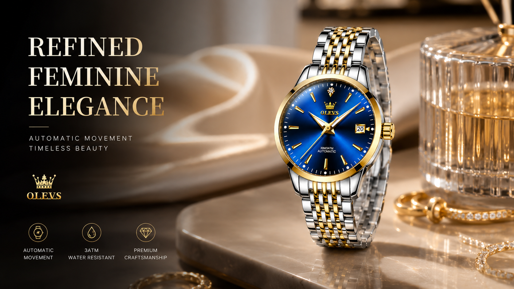 Prezentare luxury ceas OLEVS 6635 Gold Blue cu brățară metalică silver-gold