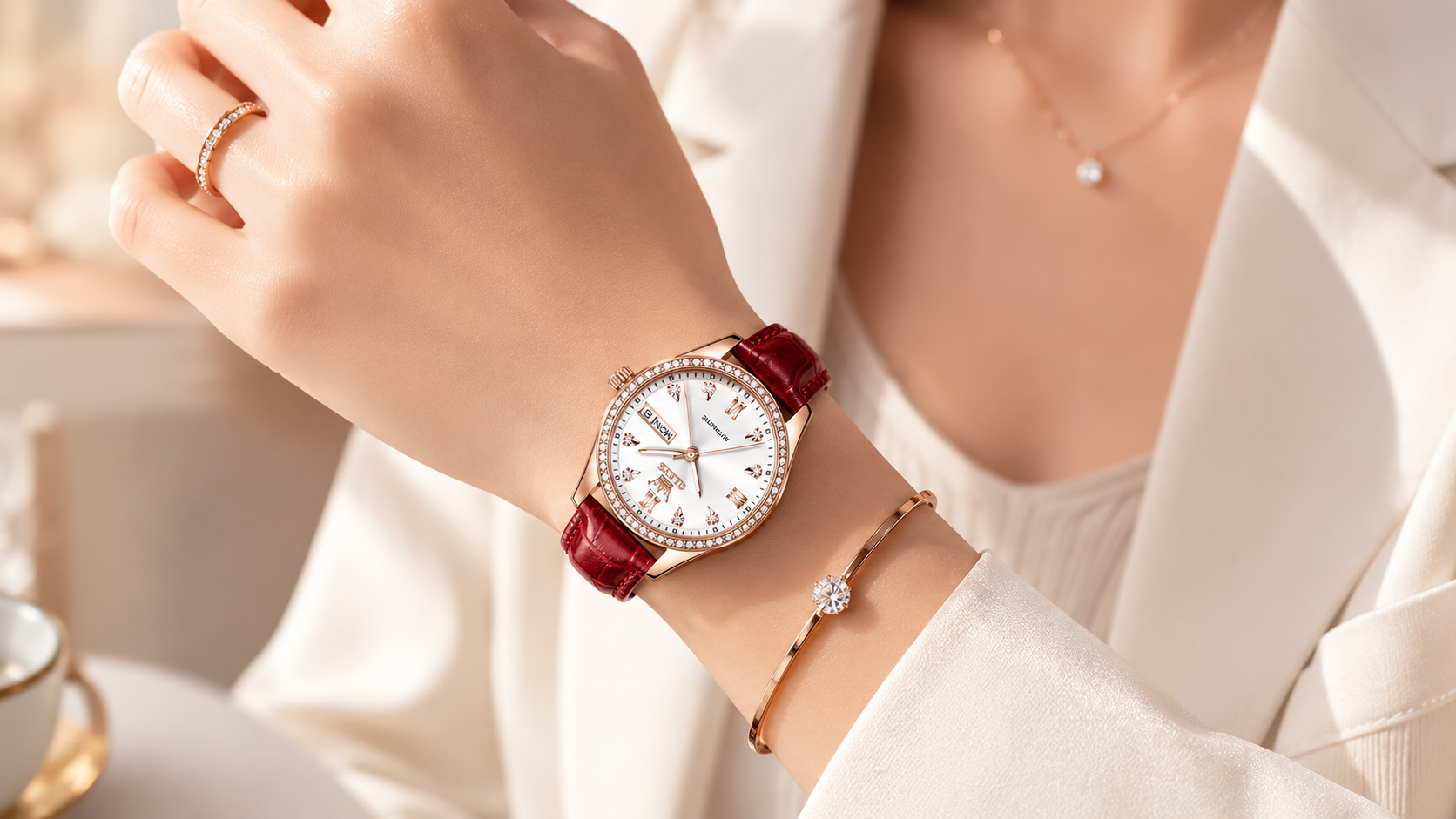 Ceas de damă OLEVS 6637 Rose White purtat la ținută elegantă feminină