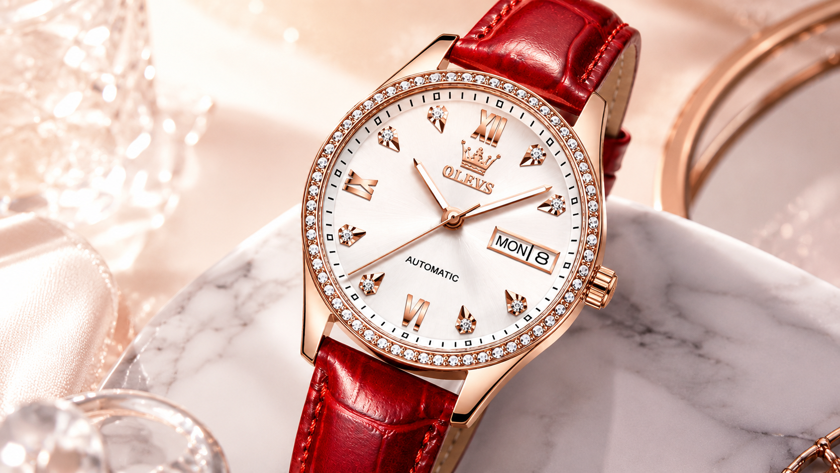 Detalii bijuterie ceas de damă OLEVS 6637 Rose White cu bezel decorat cu cristale