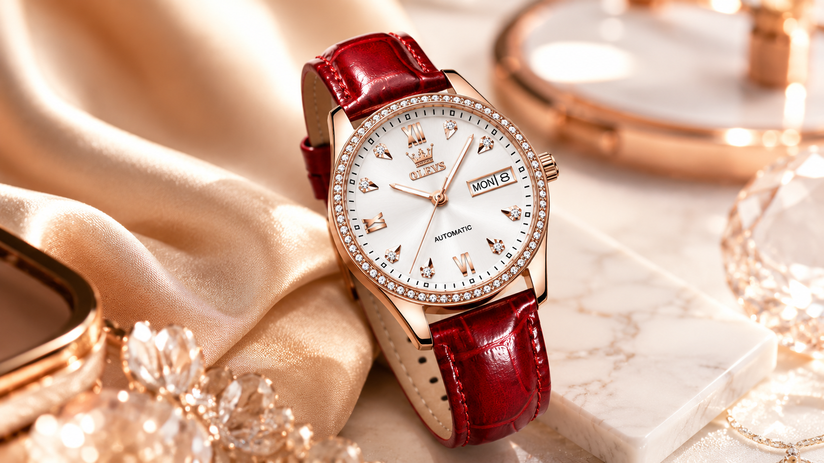 Ceas OLEVS 6637 Rose White prezentare luxury rose gold pe fundal premium