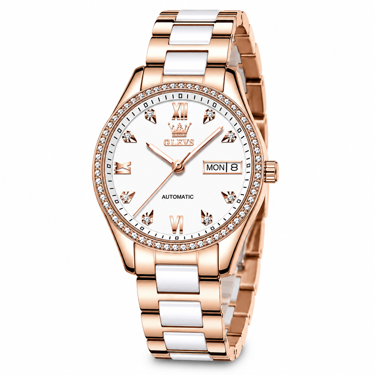 Ceas de damă OLEVS 6637 Rose White automatic cu brățară metalică rose gold și alb
