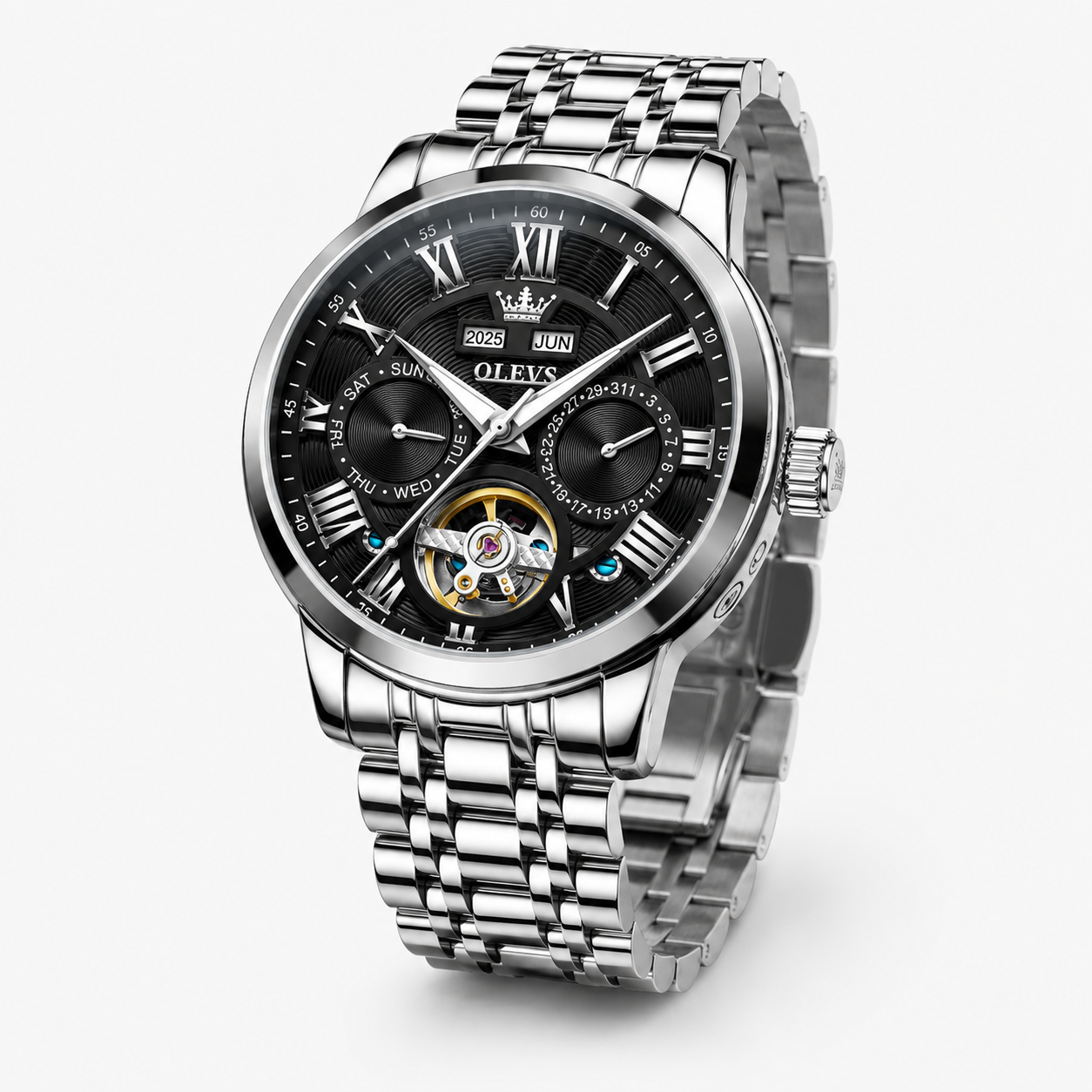 Ceas bărbătesc OLEVS 6668 Automatic Black Silver pe fundal alb