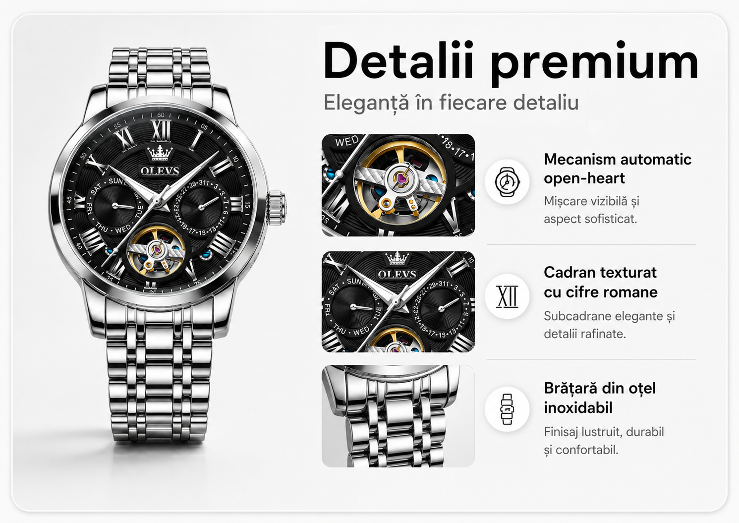 Detalii premium OLEVS 6668 Automatic Black Silver
